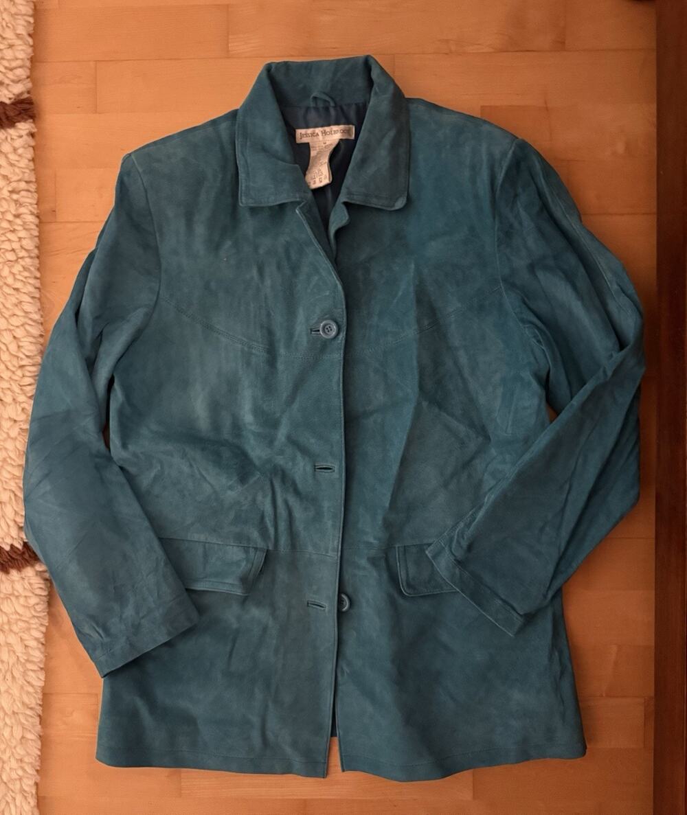 VTG Jessica Holbrook Blue Teal Leather Vintage Blazer Western Jacket Boho M